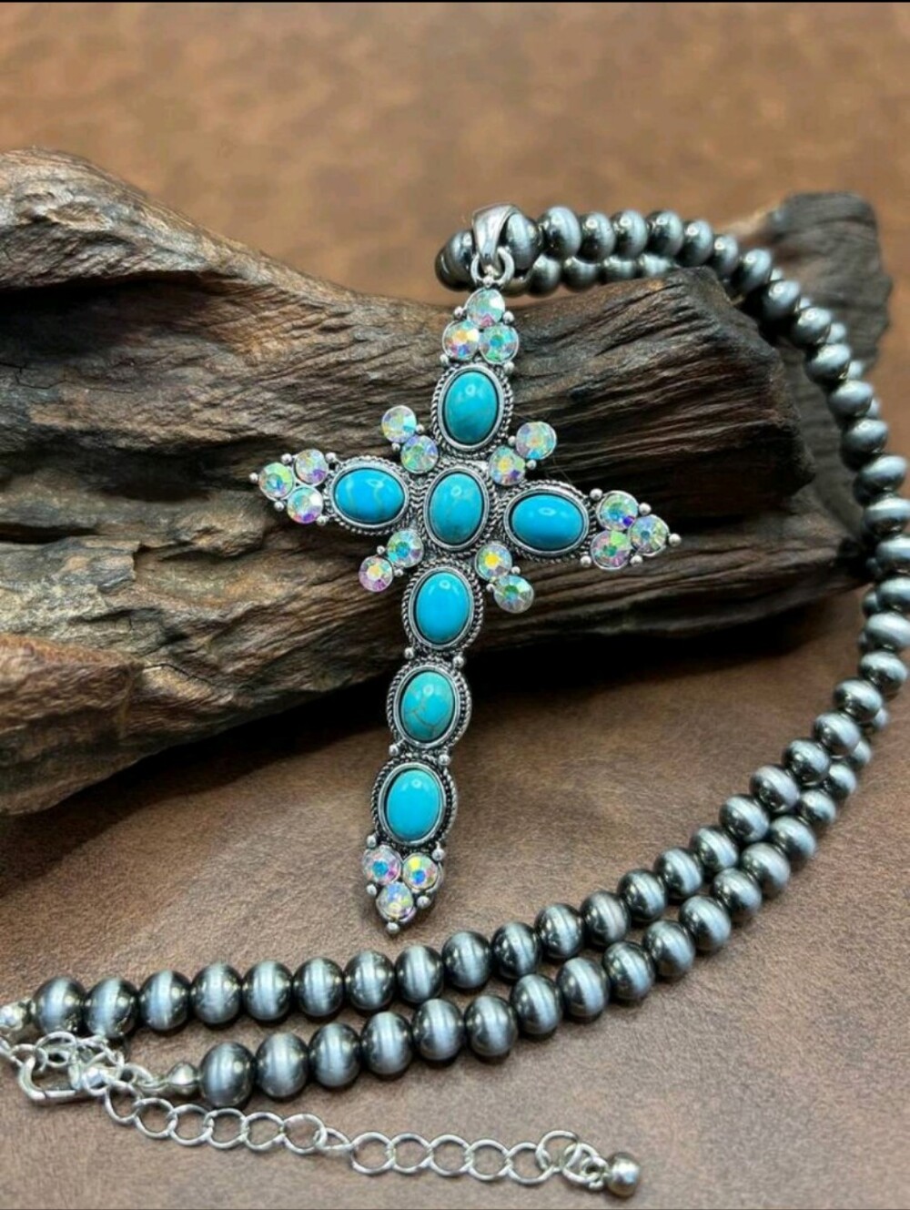 Turquoise Cross Pendant Necklace with Aurora Crystals